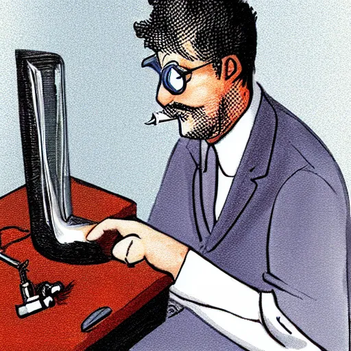 Prompt: A pipe smoking scientist doing computer research, digital art