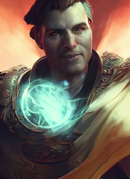 Image similar to A fantasy comic book style portrait painting of a male Inquisitor elder, unreal 5, DAZ, hyperrealistic, octane render, RPG portrait, dynamic lighting