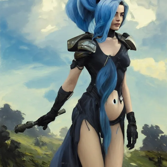 Image similar to portrait of a combination of Ashley Greene, Adriana Dxim, Grace Kelly and Lily Collins with blue hair in Warframe armor, countryside, calm, fantasy character portrait, dynamic pose, above view, sunny day, thunder clouds in the sky, artwork by Jeremy Lipkin and Giuseppe Dangelico Pino and Michael Garmash and Rob Rey and Greg Manchess and Huang Guangjian, very coherent asymmetrical artwork, sharp edges, perfect face, simple form, 100mm