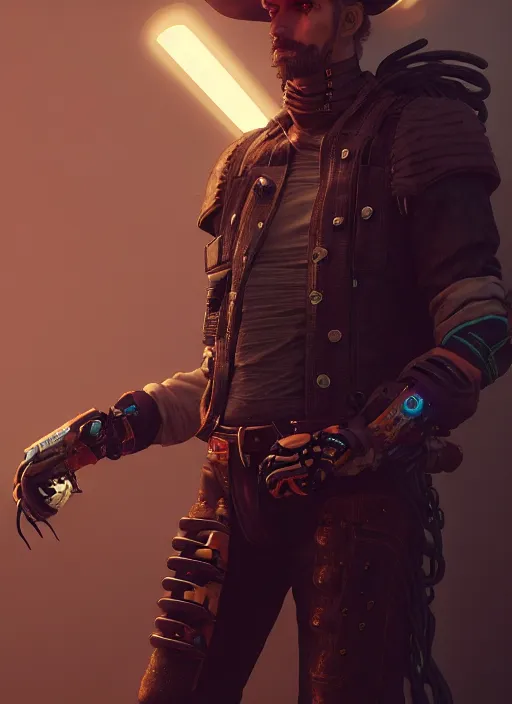 Image similar to cyberpunk cowboy rider, au naturel, hyper detailed, digital art, trending in artstation, cinematic lighting, studio quality, smooth render, unreal engine 5 rendered, octane render, art style by klimt and nixeu and ian sprigger and wlop and krenz cushart