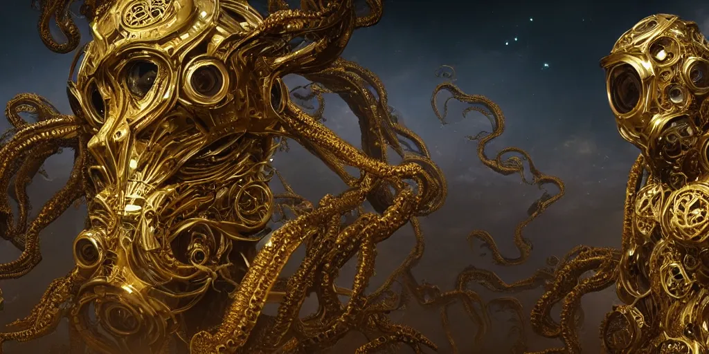 Prompt: a portait of a 8k ultra realistic corrupted lovecraftian golden humanoid queen standing next to a spaceship window overlooking earth, 8 intricate white and gold tentacles, ornate white and gold armour, cinematic lighting, trending on artstation, 4k, hyperrealistic, focused, extreme details, unreal engine 5, cinematic, masterpiece