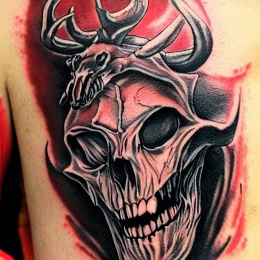 Image similar to tattoo of a wendigo with an elk skull slightly spooky, red, white, and black ink, hyperdetailed, realistic