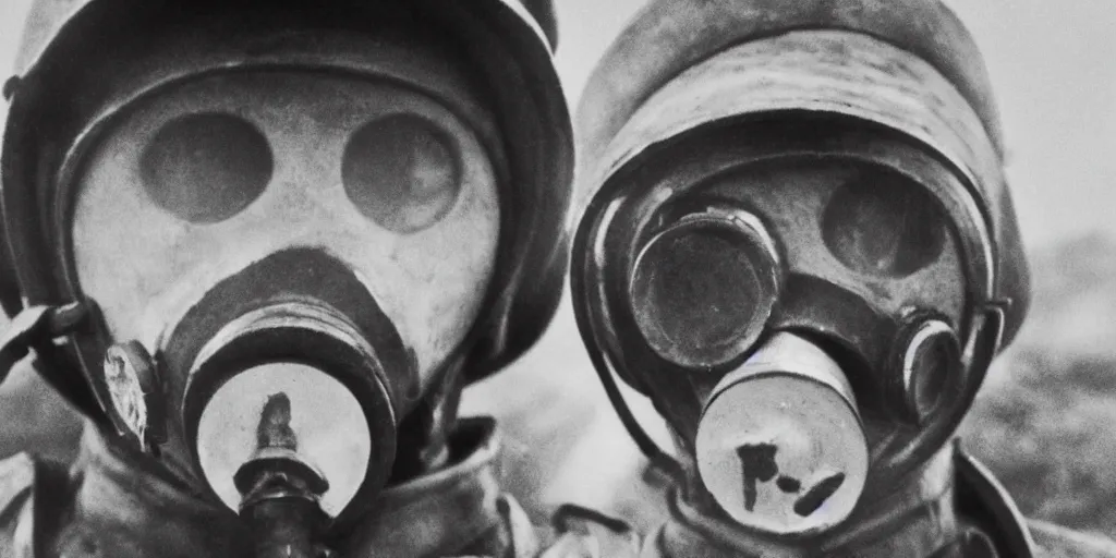 Image similar to wwi soldier wearing a gas mask, no man's land, yellow gas, cinematic, blue and yellow tones, atmospheric, anamorphic lens, shot on arri alexa