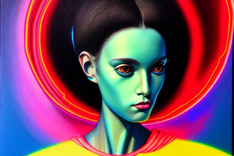 Image similar to patron saint of 🛸🌈👩🏾, futuristic clothing, neon god of city character portrait, in the style of margaret keane, moebius, tom bagshaw, and waterhouse, cinematic lighting, beautiful, elegant, oil painting,