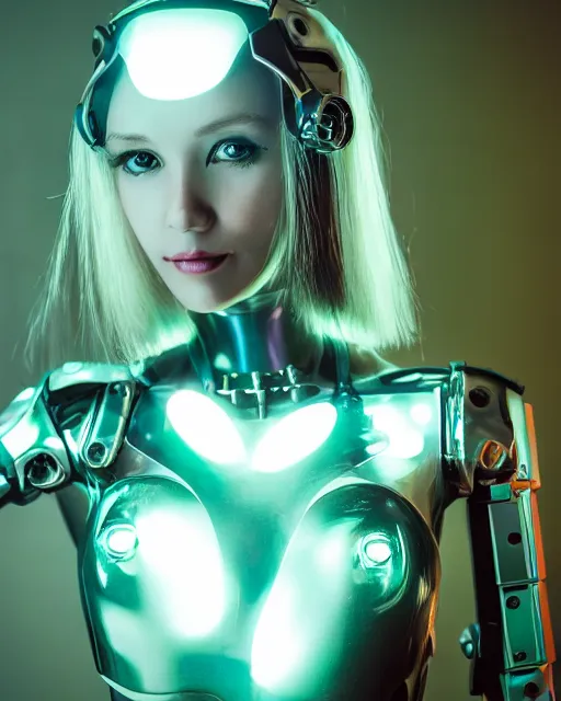 Prompt: photo of sensual female as a solarpunk mecha humanoid robotic head and face parts with straight fluorescent lamps over face, real human face with skin, ultra - realistic and detailed, long exposure, soft focus hdr 8 k