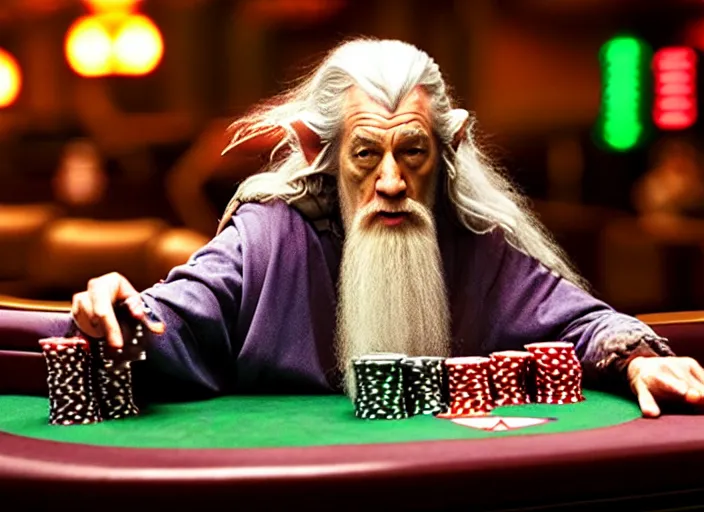 Image similar to film still of gandalf gambling in a casino in lord of the rings movie, 8 k