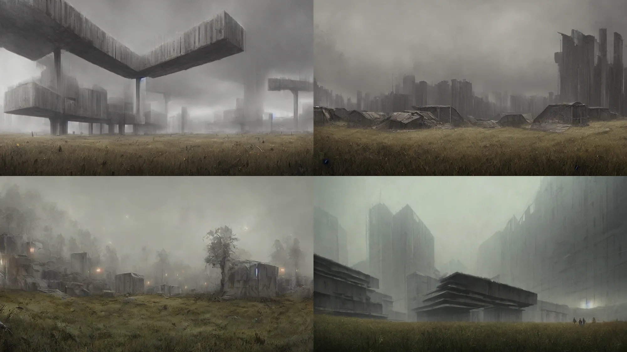 Prompt: a giant dystopian walls of concrete surrounding a small clearing of grass and straw huts, huge walls stretching into the grey sky, fog, 4 k, trending on artstation, award - winning, art by greg rutkowski