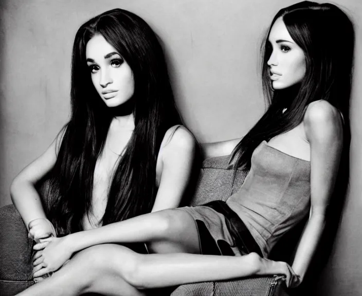 Prompt: award winning photo of Ariana Grande together with Megan Fox sitting on a chesterfield lounge, symmetrical face by Sally Mann & Arnold Newman, 35mm