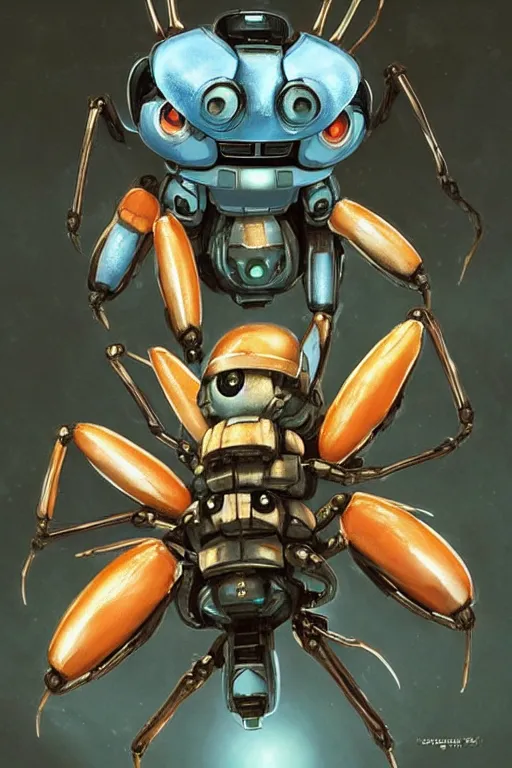 Image similar to cute Tachikoma spider from ghost in the shell, spider Tachikoma, tiny, small, miniature Tachikoma, baby Robot, short, pale blue armor, cute and adorable, pretty, beautiful, DnD character art portrait, matte fantasy painting, cgsociety Artstation, by Jason Felix by Steve Argyle by Tyler Jacobson by Peter Mohrbacher, cinematic lighting