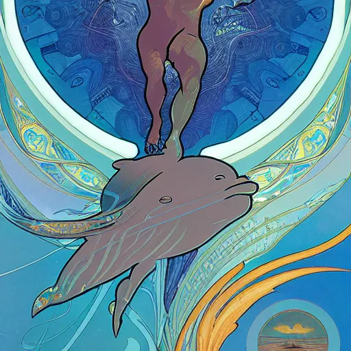 Prompt: a dolphin leaps out of the ocean, astral projection, astral travel, space background, cinematic, detailed, very realistic, by Alphonse Mucha, Moebius, Laurie Greasley, 8k