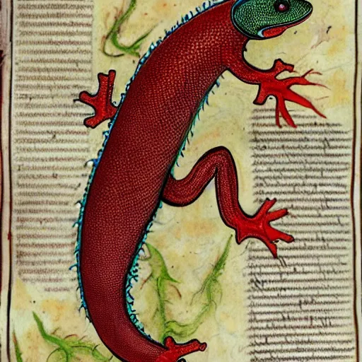 Prompt: salamander on fire in the style of a grotesque of an illuminated manuscript