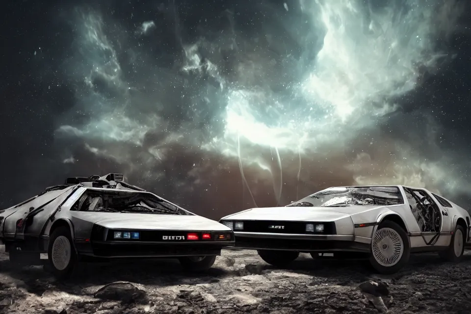 Image similar to ultra realistic delorean dmc 5 drifting on an ancient space highway wreckage in space, dark cinematic, volumetric, realistic, 3 d render, realistic render, cinematic lighting, volumetric lighting, atmospheric, cinematic, unreal engine 5, unreal engine render, octane render, hd, photorealism, hyper realistic, photo, 8 k