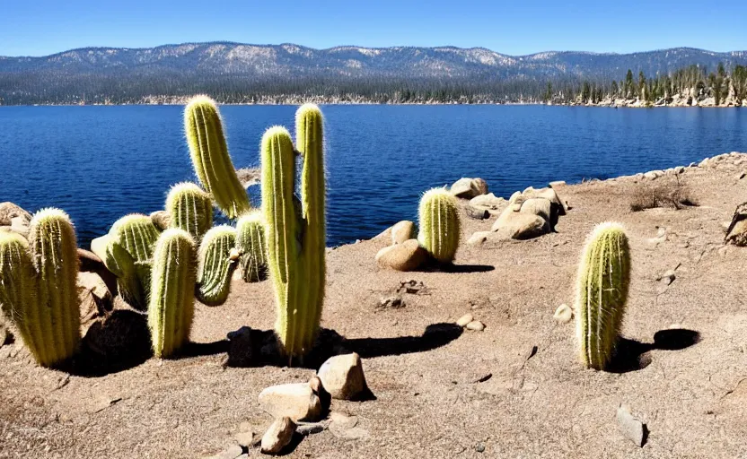 Image similar to lake tahoe, without water, cactus, desert, dry and hot