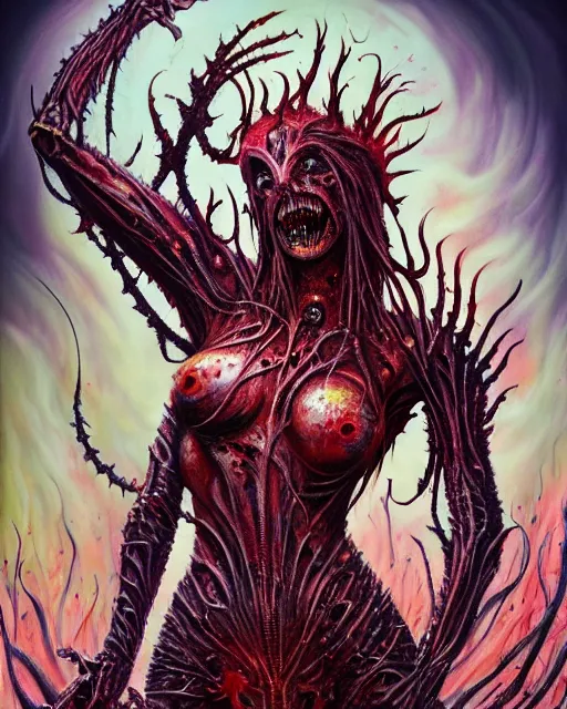 Image similar to charred bloody fleshmetal female cyborg daemonhost psychedelic flamer of tzeentch, by antonio j. manzanedo, giger, alex grey, android jones, wayne barlowe, philippe druillet, raymond swanland, cyril rolando, josephine wall, harumi hironaka, cronenburg, trending on artstation