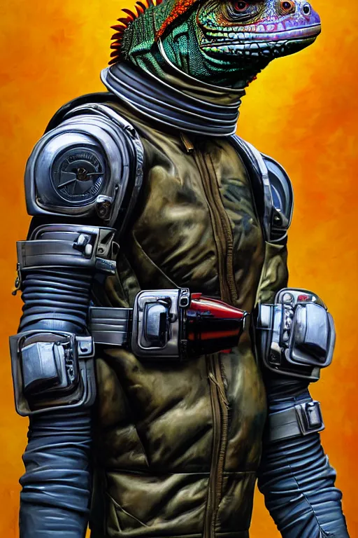 Image similar to a portrait of a muscular anthropomorphic cyberpunk iguana! in leather spacesuit armor with a large head by sandra chevrier, by jon foster, detailed render, pistol in holster, tape deck, epic composition, cybernetics, 4 k realistic, cryengine, realistic shaded lighting, sharp focus, masterpiece, by enki bilal