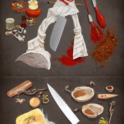 Image similar to old dirty wide ogr apron with huge knives, bottles of spices, pieces of octopus, final fantasy, highly detailed, trending on artstation