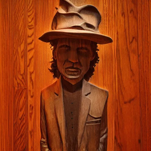 Image similar to accurate portrait of a bob dylan, symmetrical face, carved out of red oak wood on a pedestal by stephan balkenhol, geometric, dramatic lighting, artsy, 8 k