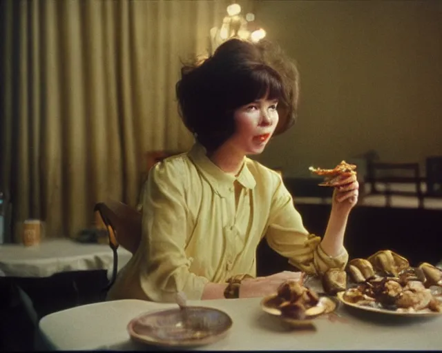 Prompt: 1 9 7 9 a soviet movie still a bjork sitting at a table with a plate of food in dark warm light, a character portrait by nadya rusheva, perfect symmetric coherent face, featured on cg society, neo - fauvism, movie still, 8 k, fauvism, cinestill, bokeh, gelios lens