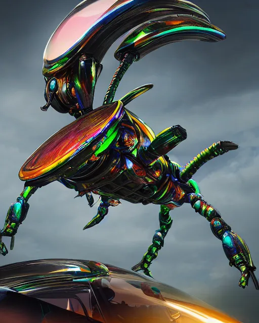 Prompt: detailed photo of rainbow stag beetle shaped alien vehicle, 8 k, by daniel mcgarry, xiaolong wang, trending on artstation, hyper detailed, beautiful lighting, epic environment