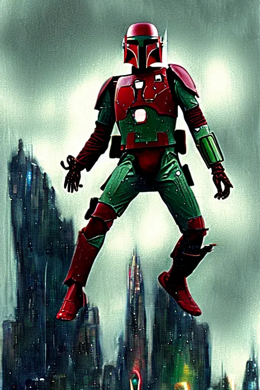 Prompt: boba fett x iron man, digital art, movie still from blade runner,