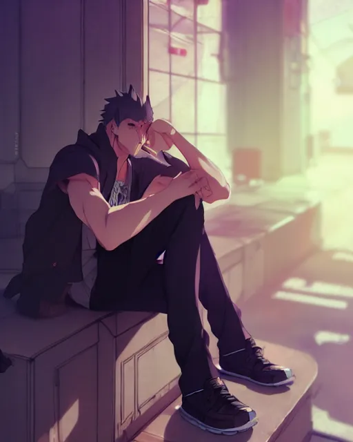 Prompt: handsome masculine man wearing fashionable street attire, sitting down with an intimidating appearance, octane render, unreal engine 5, trending on pixiv fanbox, by greg rutkowski makoto shinkai takashi takeuchi studio ghibli, akihiko yoshida