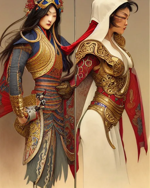 Prompt: suit up man and chinese ancient warrior back to back, decorated with opera motifs, intricate, elegant, highly detailed, smooth, sharp focus, illustration, art by artgerm and greg rutkowski and alphonse mucha, 8 k