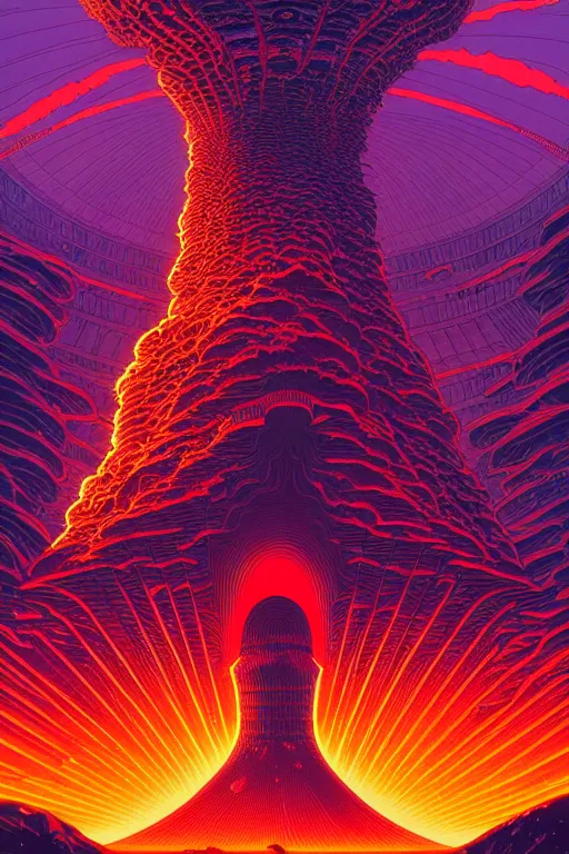 Image similar to artwork by kilian eng and ( dan mumford ) and toshi yoshida and franklin booth showing a gigantic futuristic powerstation!! in front of a ( ( exploding volcano ) ), vintage scifi, high details, dramatic lightning,, 8 k