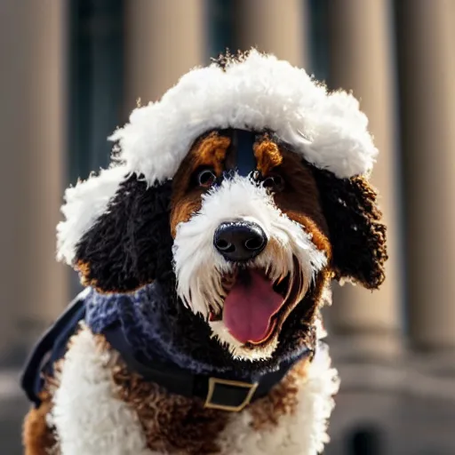 Image similar to a closeup photorealistic photograph of a cute smiling knitted bernedoodle judge dog dressed in a black gown, presiding over the courthouse. indoors, professional capture, well lit shot. this 4 k hd image is trending on artstation, featured on behance, well - rendered, extra crisp, features intricate detail, epic composition and the style of unreal engine.