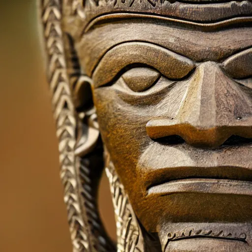 Prompt: a scenic view of a Maori warrior statue made with etched wood, long lens, depth of field, detailed, texturized