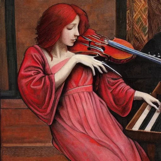 Prompt: woman with red hair red dress at the center of the stage playing redwood violin, artistic, renaissance, soft, detailed, art nouveau, artwork of the century, precision