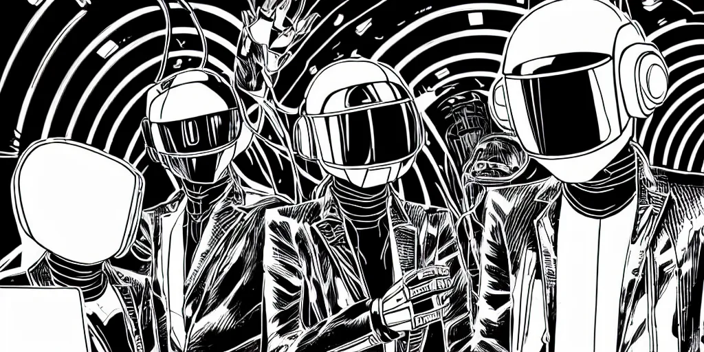 Image similar to detailed manga artwork of 2 Daft Punk robot rock using Apple notebook Macbook at an underground warehouse rave in Ibiza, playing techno house music, thousands of beautiful girls in bikini dancing, in the style of manga illustration, wires, speakers, trending on artstation