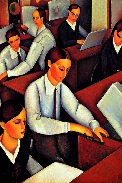 Image similar to oil painting highly detailed computer workers in office painted by amadeo modigliani