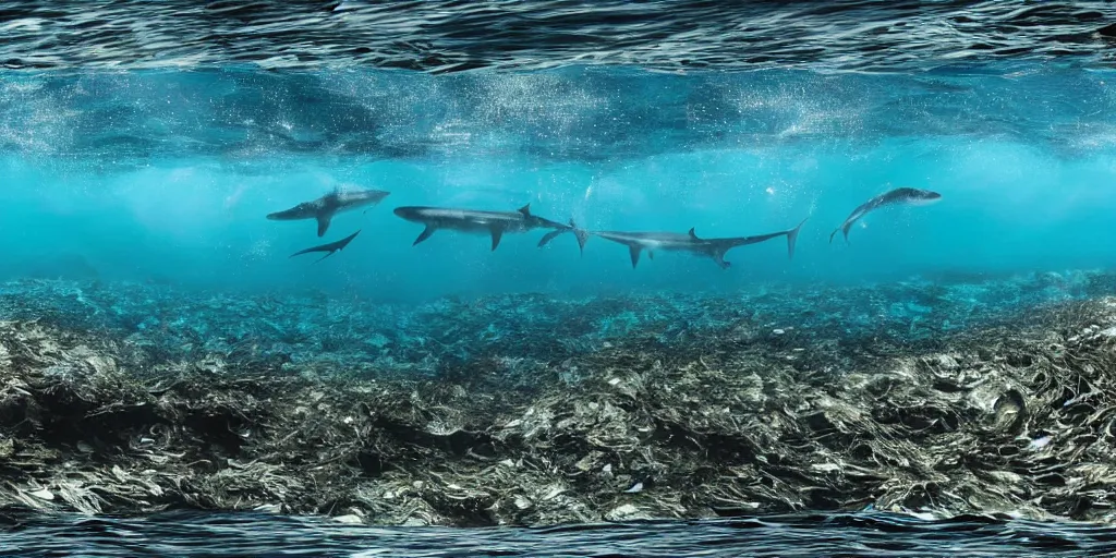 Prompt: hyperrealistic underwater photography, panoramic picture of an ocean floor with in the distance are some whale sharks. focus on the sharks. the sharks are anatomically correct and highly detailed. lots of bubbles. seaweed and some rocks. gloomy scattered light entering from the water surface, trending on artstation, hq, 4 k