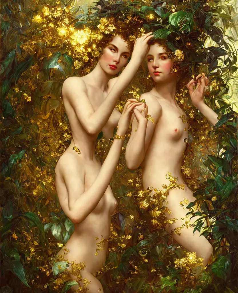 Image similar to hyper realistic photographer looking through a vintage medium format camera, magic pouring from lens, full body pose, design on white background, beautiful details, lush foliage cyberpunk, gold, drawn by john singer sargent, tom bagshaw, norman rockwell, alphonso mucha, lolish, trending on artstation