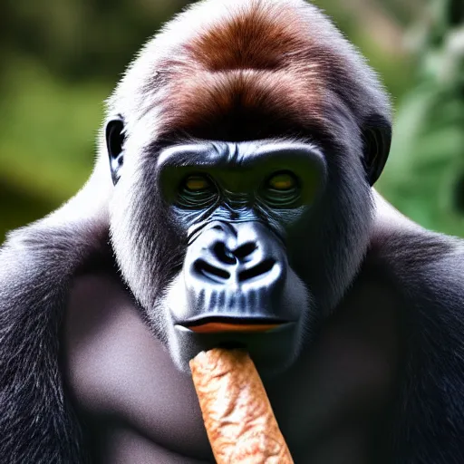 Image similar to a gorilla dressed as a mobster smoking a cigar, cinematic lighting, 4k, realistic