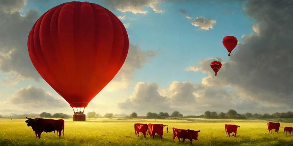 Prompt: a red hot air balloon flies above a field of cattle on a beautiful summer morning, English countryside, fields, cows, matte painting by Greg rutkowski, early morning light, trending on artstation, cinematic lighting, deviantart,