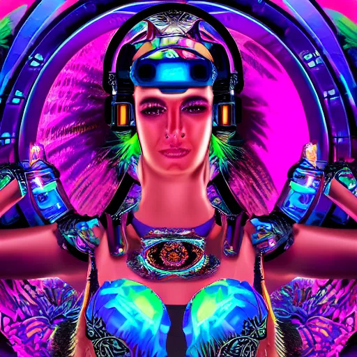 Image similar to Flashy futuristic techno-rave goa goddess with an aureola behind her, at sunset in the jungle, detailed digital art