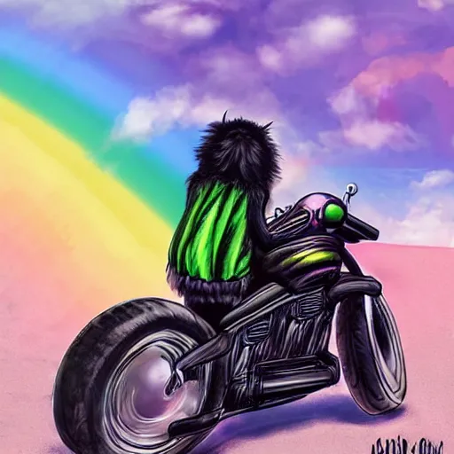 Image similar to wide angle full body, jacket wearing fluffy cute rainbow kitten wearing a black leather motorcycle jacket, riding on a motorcycle, cinematic concept art