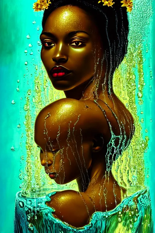 Prompt: hyperrealistic cinematic very expressive! black oshun goddess, in water up to her shoulders, mirror dripping droplet!, gold flowers, highly detailed face, digital art masterpiece, smooth eric zener cam de leon chiaroscuro pearlescent teal light, tilt angle uhd 8 k, sharp focus