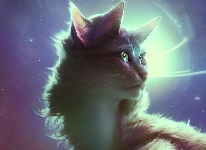 Prompt: a space cat from a musical sci - fi space opera, animated film, volumetric lighting, octane render by stanley artgerm lau, greg rutkowski, thomas kindkade, alphonse mucha, loish, norman rockwel,