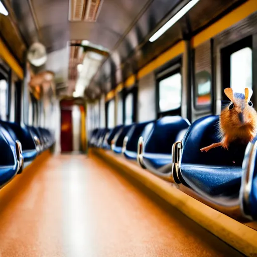 Image similar to photo of a train interior, a brown hamster is sitting on a seat, various poses, unedited, soft light, sharp focus, 8 k