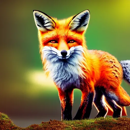 Prompt: photographic render of a fox with foxes on the background of the forest hyperrealistic 8k, very detailed