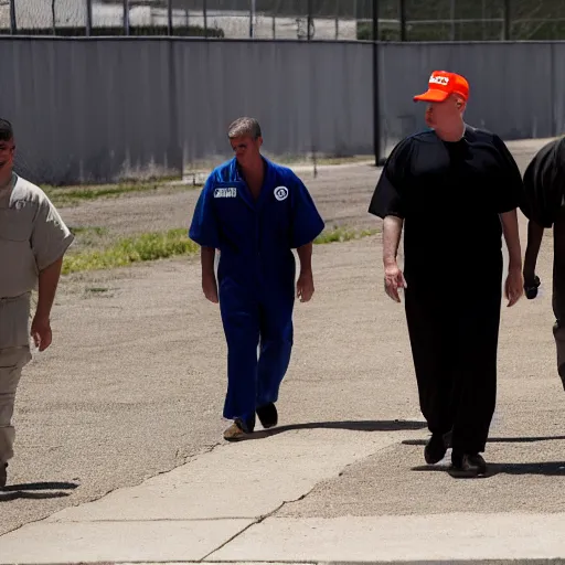 Prompt: photojournalist photo of donald trump!! in orange prison jumpsuit walking in the federal prison yard with other inmates, 3 5 mm f 1. 8