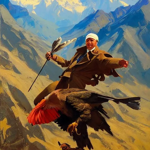 Prompt: greg manchess painting of eagle hunter sitting on the background of mountains in kyrgyzstan, medium shot, asymmetrical, organic painting, sunny day, matte painting, bold shapes, hard edges, street art, trending on artstation, by huang guangjian and gil elvgren and sachin teng