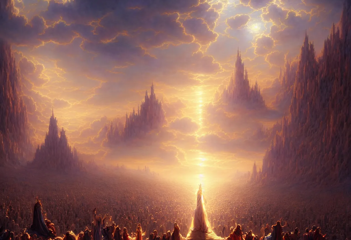 Prompt: opened gates of heaven with millions of people ascending to heaven, biblical, fantasy, intricate, elegant, highly detailed, digital painting, artstation, concept art, smooth, sharp focus, octane render, dramatic lighting, volumetric lighting, cinematic lighting, art by artgerm and greg rutkowski and alphonse mucha and wlop