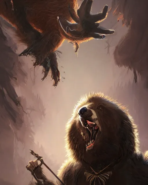 Prompt: Laughing Bear Musician, magic the gathering artwork, D&D, fantasy, cinematic lighting, centered, symmetrical, highly detailed, digital painting, artstation, concept art, smooth, sharp focus, illustration, volumetric lighting, epic Composition, 8k, art by Akihiko Yoshida and Greg Rutkowski and Craig Mullins, oil painting, cgsociety