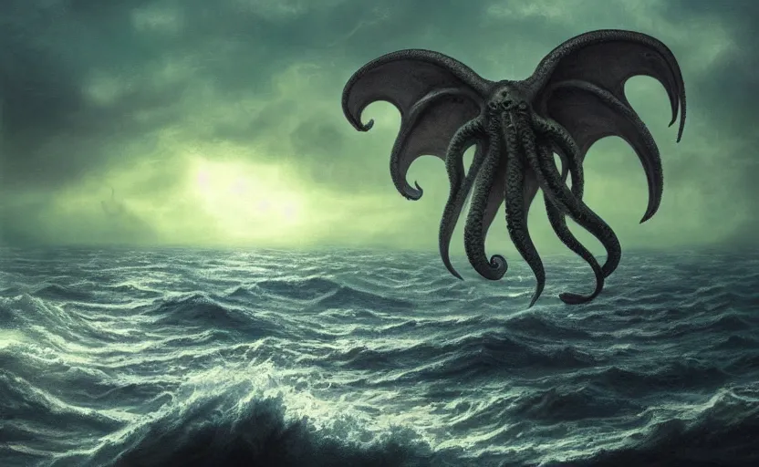 Image similar to cthulhu in the ocean looking up. matte painting. full color.