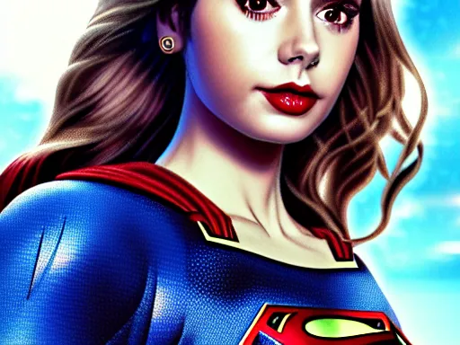 Image similar to a potrait of Lily Collins as Supergirl with man of steel suit style and full armour by Zack Snyder , 8k photorealistic, cinematic lighting, HD, high details, dramatic, trending on artstation, full body shot