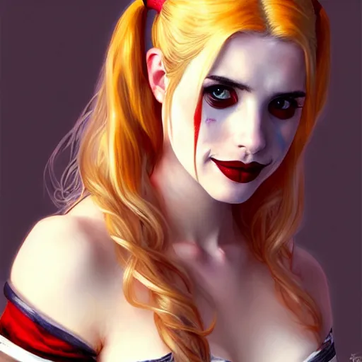 Prompt: Beautiful Emma Roberts as Harley Quinn, western, D&D, fantasy, intricate, elegant, highly detailed, digital painting, artstation, concept art, matte, sharp focus, illustration, art by Artgerm and Greg Rutkowski and Alphonse Mucha