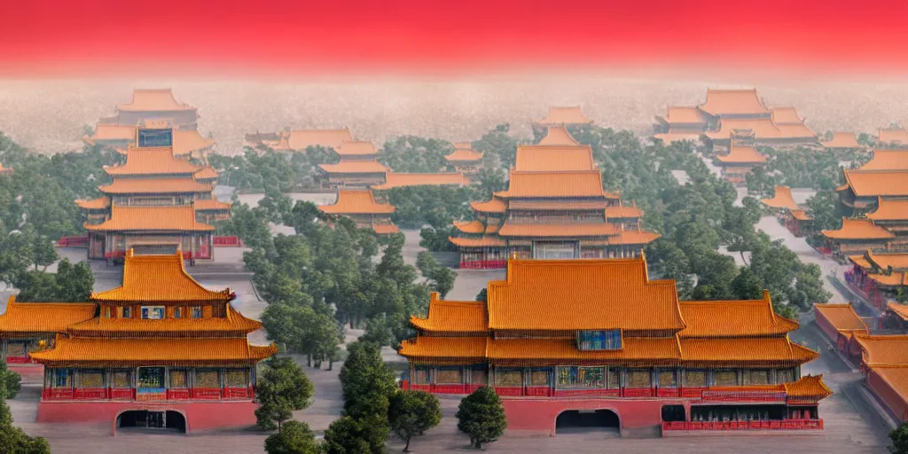 Prompt: a very high resolution image from a new movie, super fantasy shape of cyberpunk building and forbidden city, front view, photorealistic, photography, directed by wes anderson